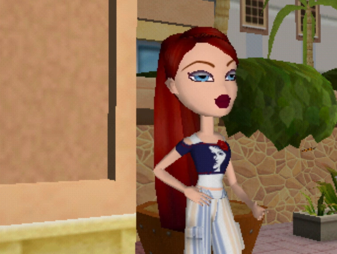 Roxxi has long deep red hair worn in a ponytail and pale skin. She wears a cropped navy tank top with a white face and red rose on it and white cargo pants with light blue and tan stripes. Her eyes are blue.